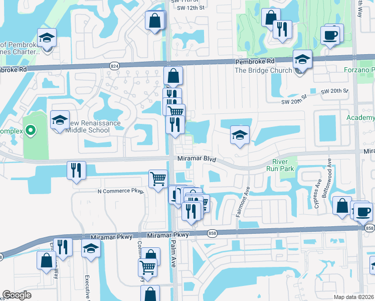 map of restaurants, bars, coffee shops, grocery stores, and more near 2409 Southwest 99th Way in Miramar