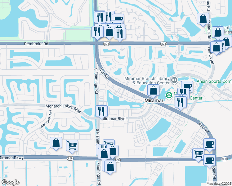 map of restaurants, bars, coffee shops, grocery stores, and more near 2451 Centergate Drive in Miramar