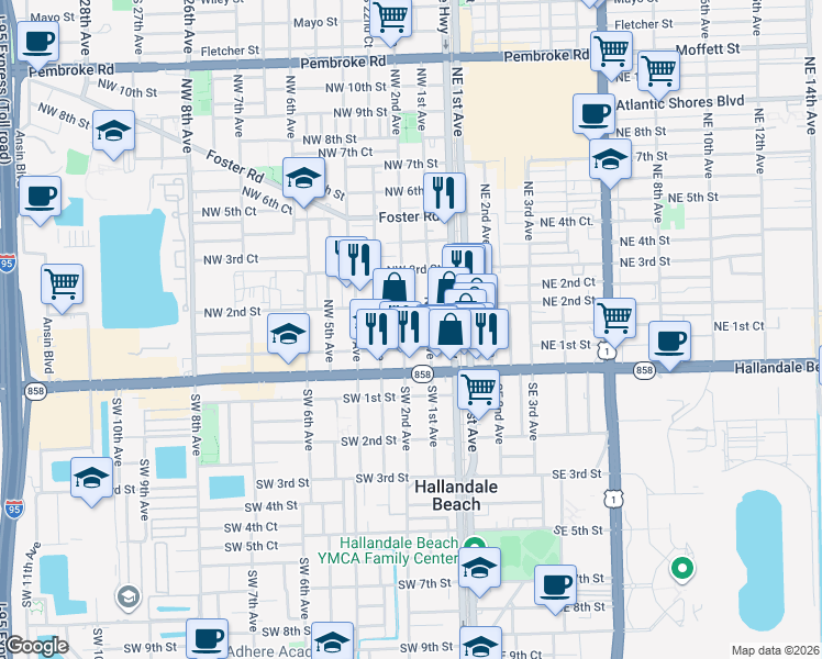 map of restaurants, bars, coffee shops, grocery stores, and more near 125 Northwest 1st Avenue in Hallandale Beach
