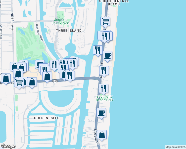 map of restaurants, bars, coffee shops, grocery stores, and more near 4010 South Ocean Drive in Hollywood