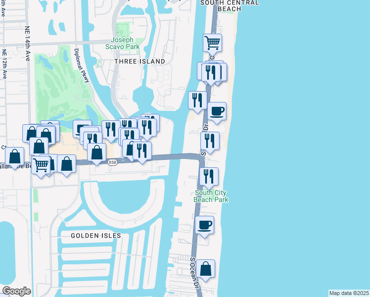 map of restaurants, bars, coffee shops, grocery stores, and more near 4010 South Ocean Drive in Hollywood