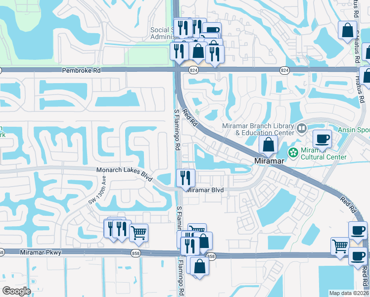 map of restaurants, bars, coffee shops, grocery stores, and more near 2492 Centergate Drive in Miramar