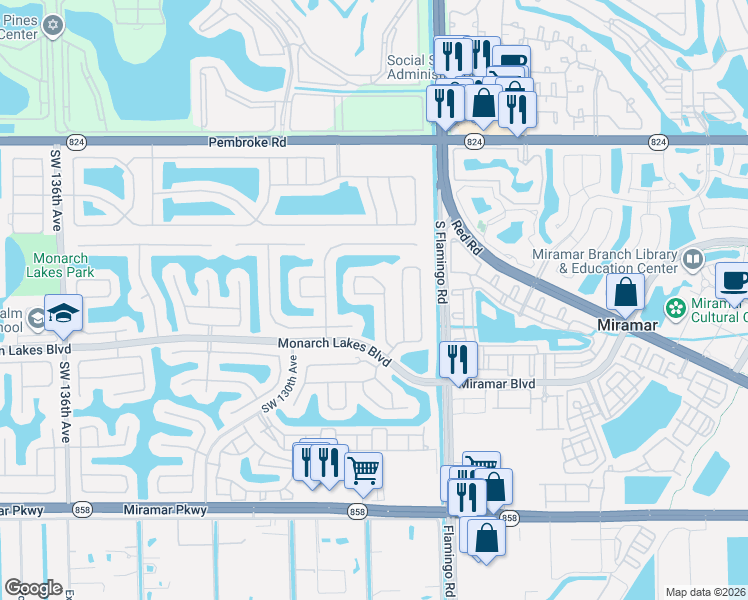 map of restaurants, bars, coffee shops, grocery stores, and more near 12719 Southwest 23rd Street in Miramar