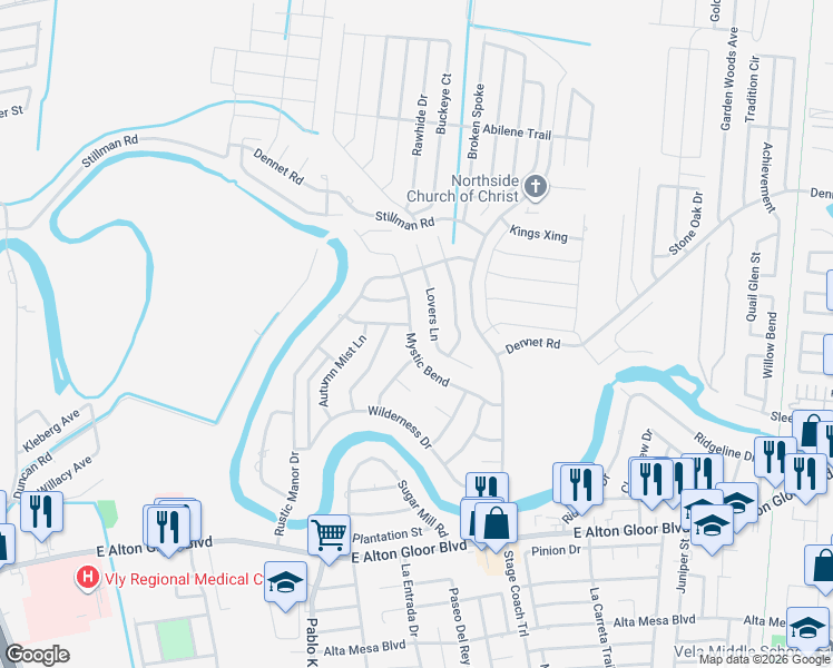 map of restaurants, bars, coffee shops, grocery stores, and more near 5707 Mystic Bend in Brownsville