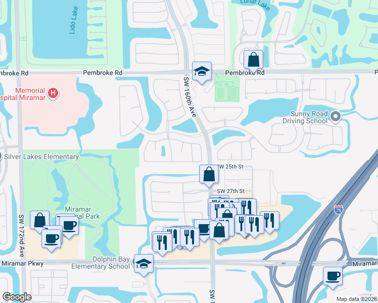 map of restaurants, bars, coffee shops, grocery stores, and more near 2424 Southwest 162nd Avenue in Miramar