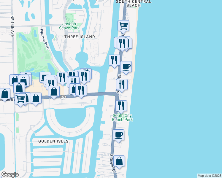 map of restaurants, bars, coffee shops, grocery stores, and more near 4010 South Ocean Drive in Hollywood