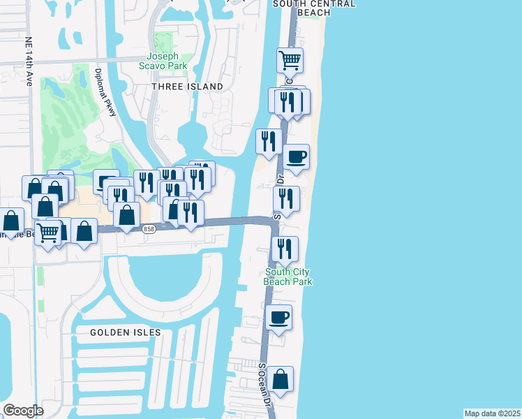 map of restaurants, bars, coffee shops, grocery stores, and more near 4010 South Ocean Drive in Hollywood