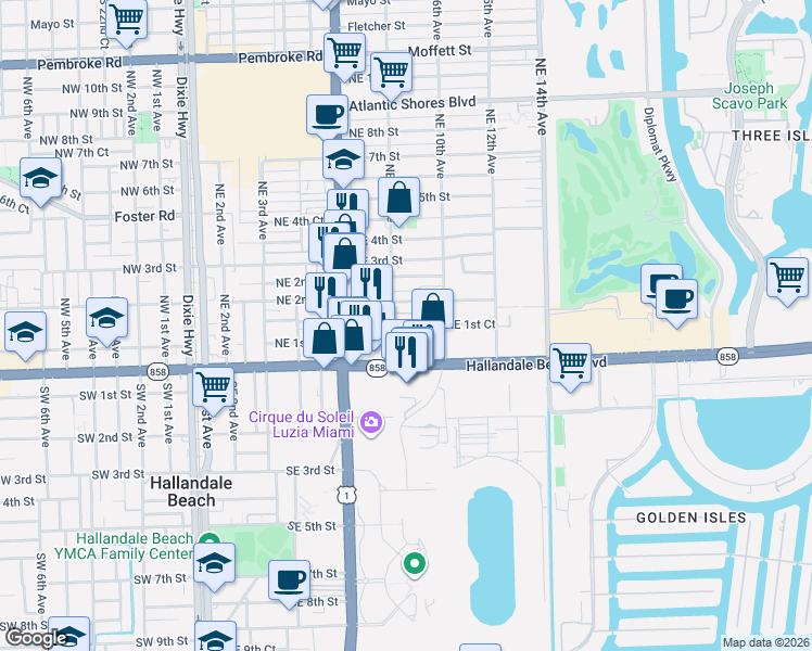map of restaurants, bars, coffee shops, grocery stores, and more near 800 Northeast 2nd Street in Hallandale Beach