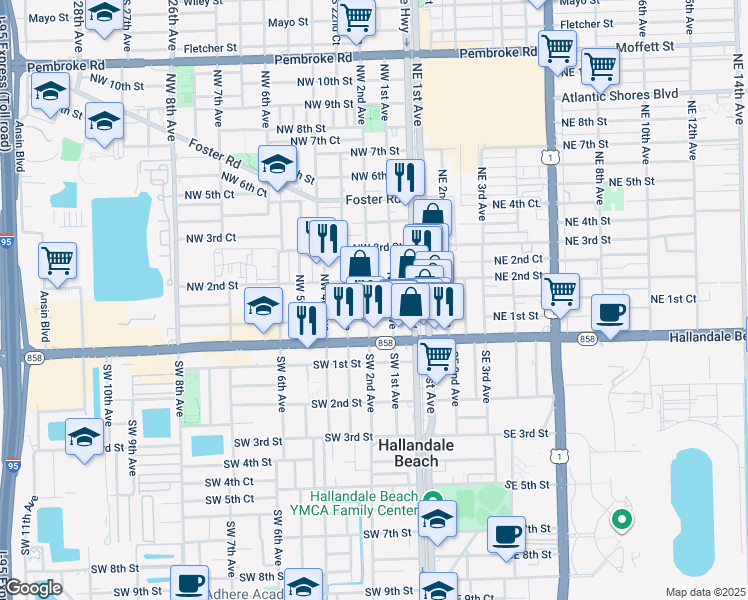 map of restaurants, bars, coffee shops, grocery stores, and more near 125 Northwest 1st Avenue in Hallandale Beach