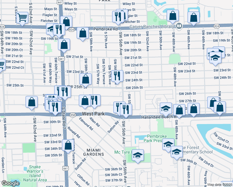 map of restaurants, bars, coffee shops, grocery stores, and more near 2500 Southwest 56th Avenue in West Park
