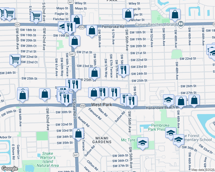 map of restaurants, bars, coffee shops, grocery stores, and more near 5780 Southwest 25th Street in West Park