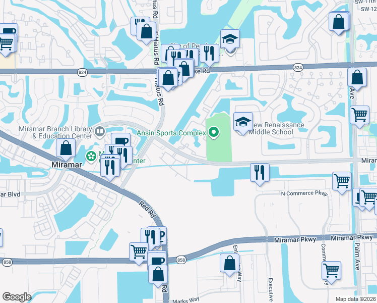 map of restaurants, bars, coffee shops, grocery stores, and more near 2440 West Preserve Way in Miramar