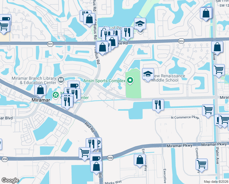 map of restaurants, bars, coffee shops, grocery stores, and more near 2440 West Preserve Way in Miramar