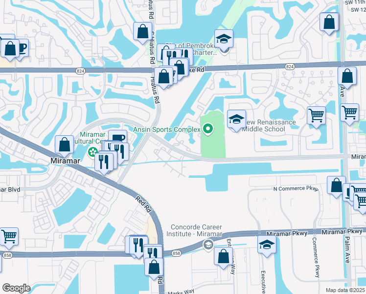 map of restaurants, bars, coffee shops, grocery stores, and more near 2440 West Preserve Way in Miramar