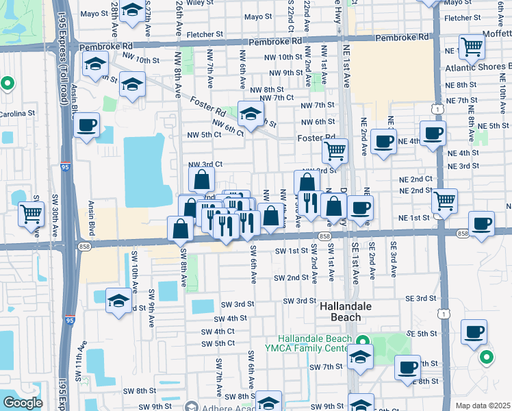 map of restaurants, bars, coffee shops, grocery stores, and more near 136 Northwest 6th Avenue in Hallandale Beach