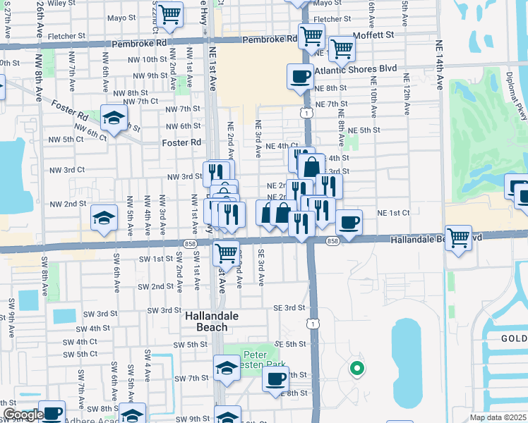 map of restaurants, bars, coffee shops, grocery stores, and more near 321 Northeast 1st Court in Hallandale Beach