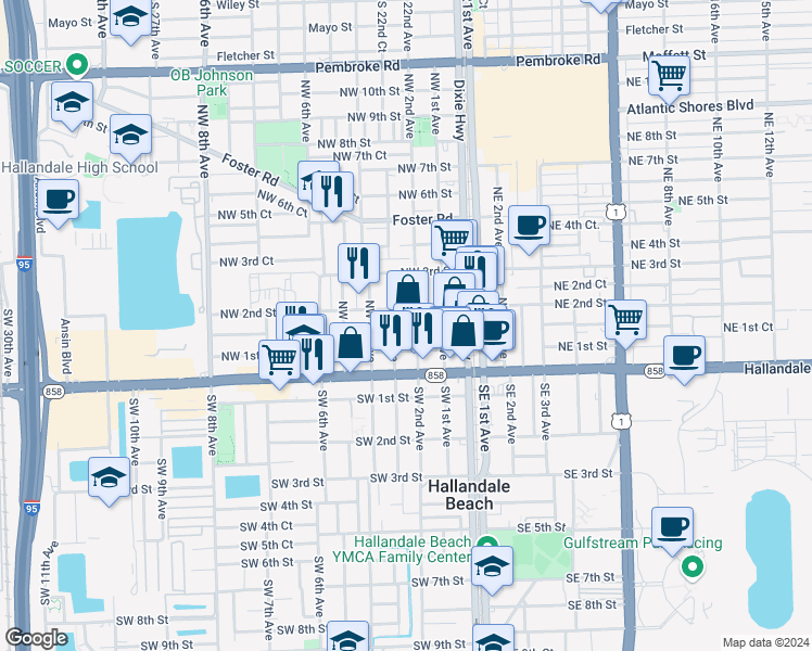 map of restaurants, bars, coffee shops, grocery stores, and more near 129 Northwest 2nd Avenue in Hallandale Beach
