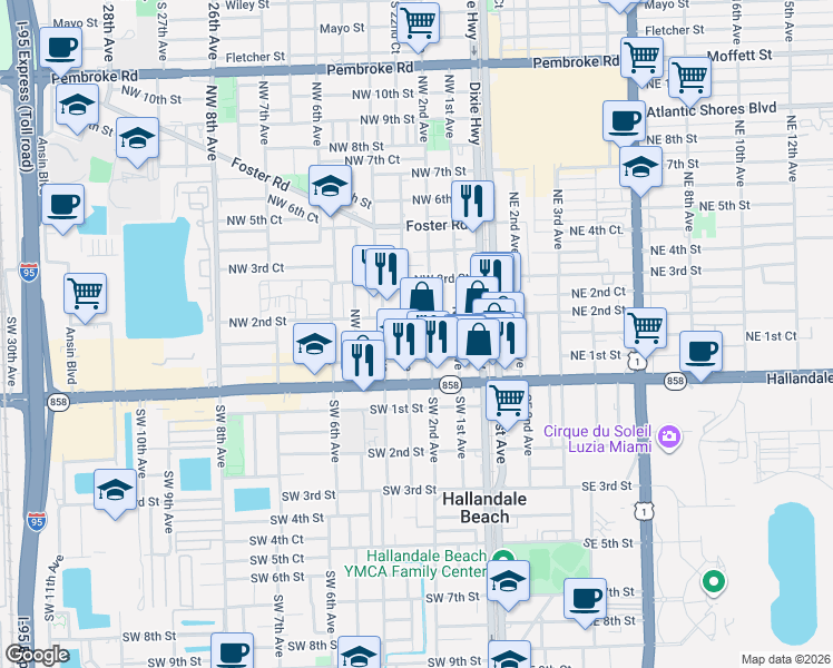 map of restaurants, bars, coffee shops, grocery stores, and more near 129 Northwest 2nd Avenue in Hallandale Beach