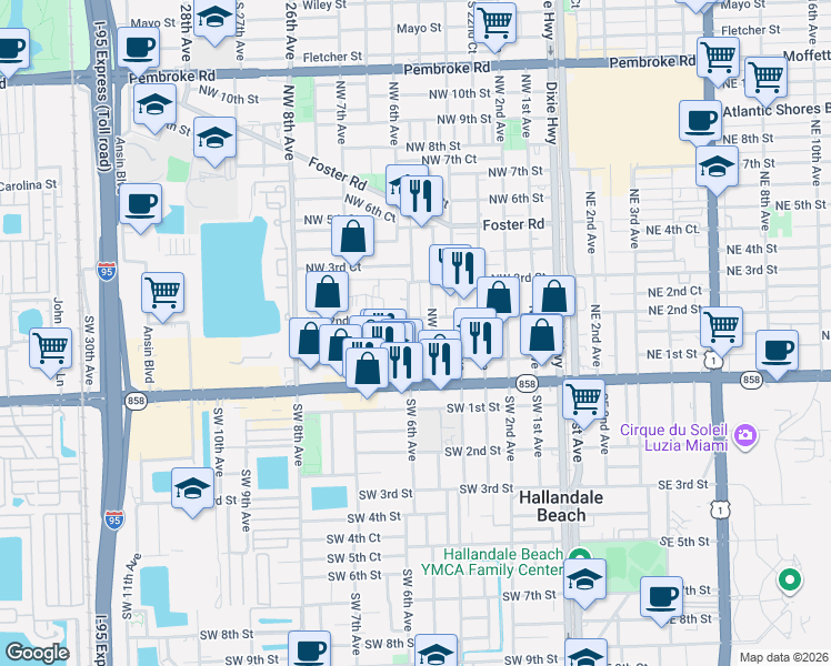 map of restaurants, bars, coffee shops, grocery stores, and more near 136 Northwest 6th Avenue in Hallandale Beach