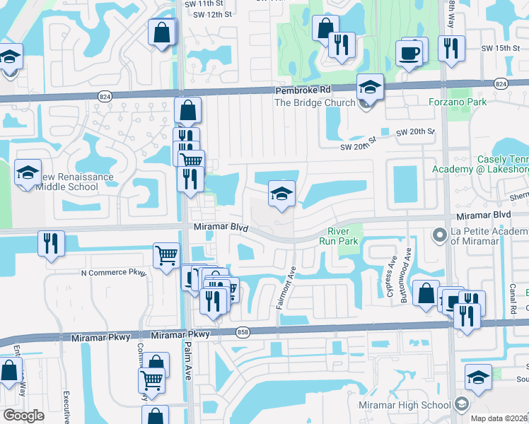 map of restaurants, bars, coffee shops, grocery stores, and more near 9600 Miramar Boulevard in Miramar