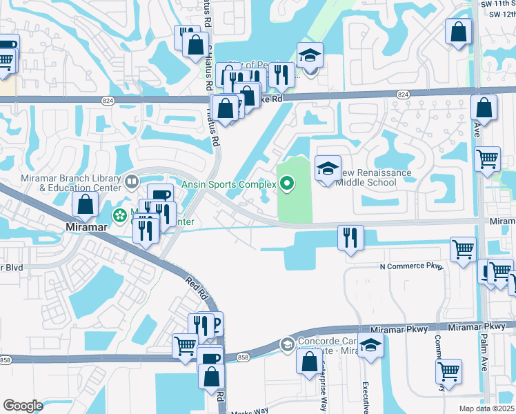 map of restaurants, bars, coffee shops, grocery stores, and more near 2440 West Preserve Way in Miramar