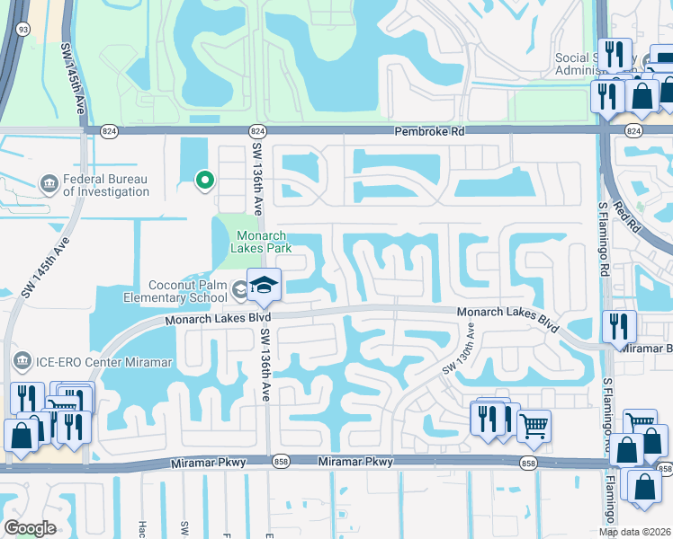 map of restaurants, bars, coffee shops, grocery stores, and more near 2328 Southwest 132nd Terrace in Miramar