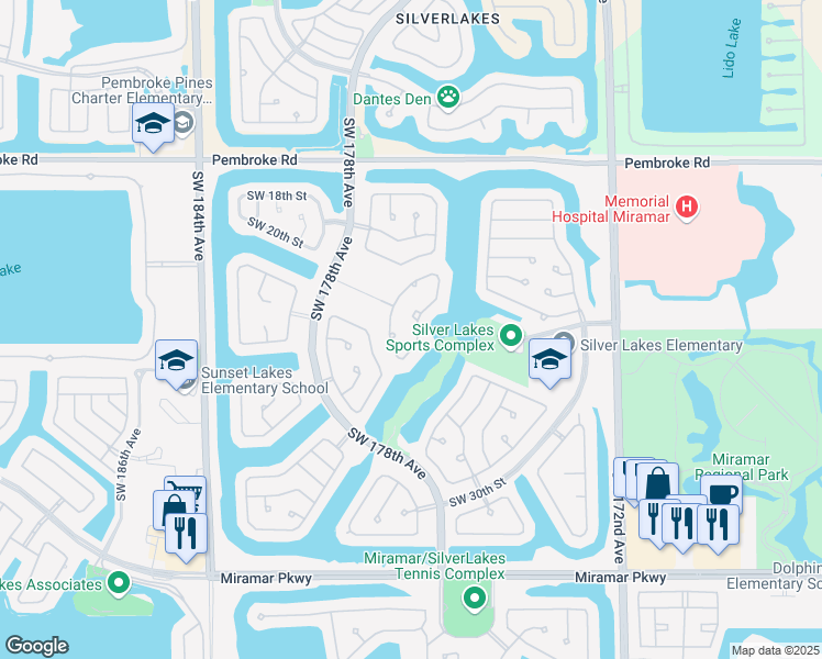 map of restaurants, bars, coffee shops, grocery stores, and more near 2091 Southwest 176th Avenue in Miramar