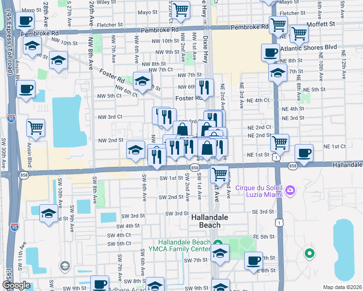 map of restaurants, bars, coffee shops, grocery stores, and more near 129 Northwest 2nd Avenue in Hallandale Beach