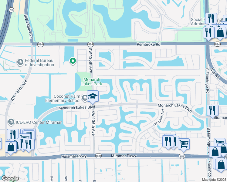 map of restaurants, bars, coffee shops, grocery stores, and more near 2328 Southwest 132nd Terrace in Miramar