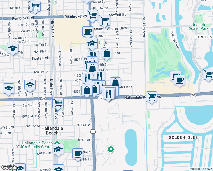 map of restaurants, bars, coffee shops, grocery stores, and more near 800 Northeast 2nd Street in Hallandale Beach