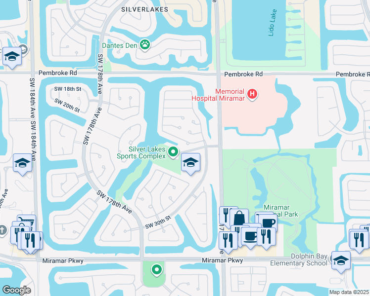 map of restaurants, bars, coffee shops, grocery stores, and more near 17384 Southwest 22nd Street in Miramar