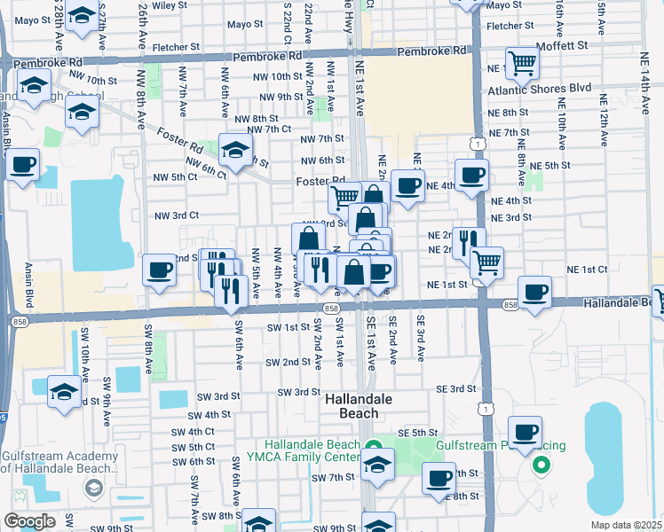 map of restaurants, bars, coffee shops, grocery stores, and more near 125 Northwest 1st Avenue in Hallandale Beach