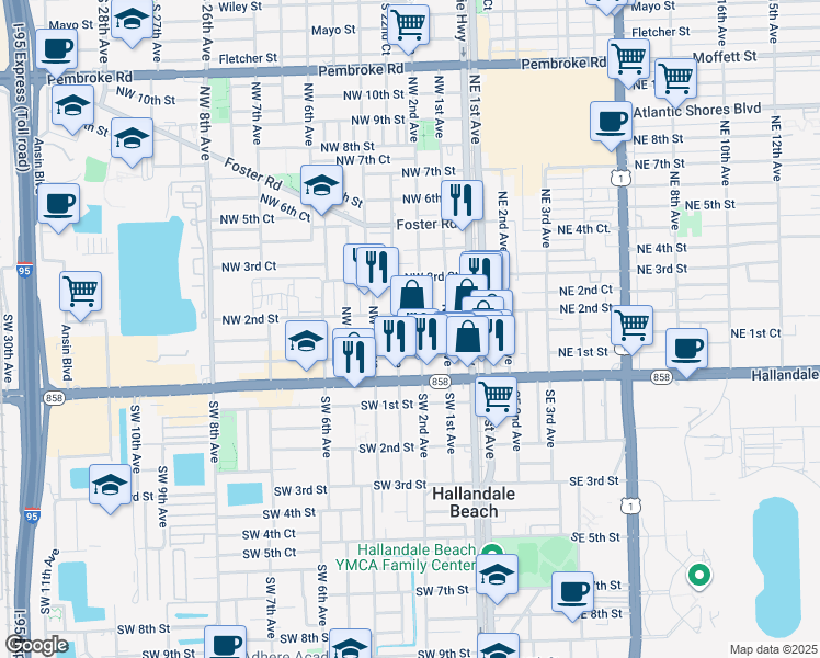 map of restaurants, bars, coffee shops, grocery stores, and more near 129 Northwest 2nd Avenue in Hallandale Beach