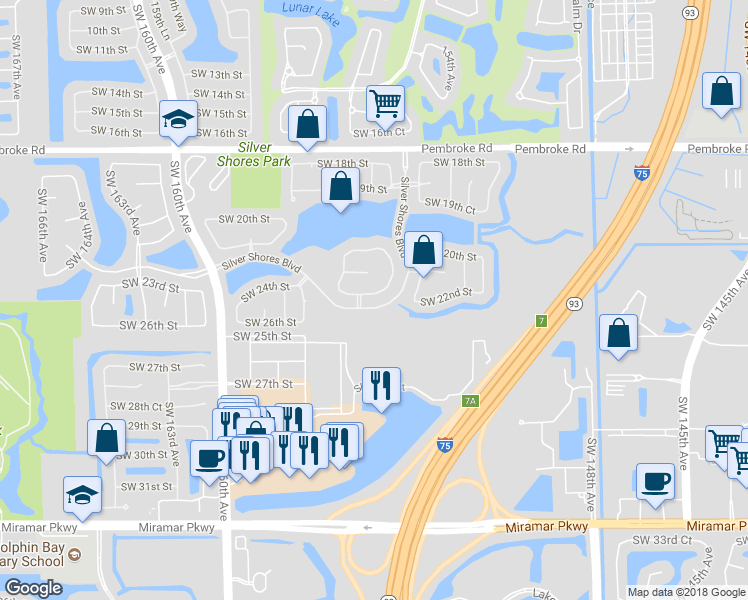 map of restaurants, bars, coffee shops, grocery stores, and more near 15258 Southwest 21st Place in Miramar