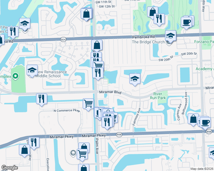 map of restaurants, bars, coffee shops, grocery stores, and more near 2412 Southwest 99th Way in Miramar