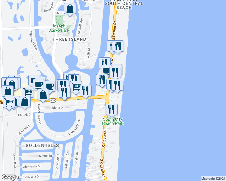 map of restaurants, bars, coffee shops, grocery stores, and more near 3951 South Ocean Drive in Hollywood