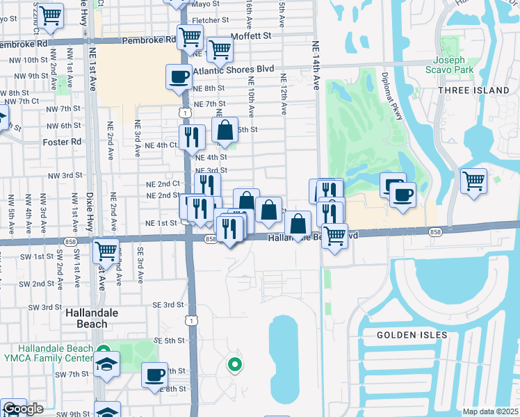 map of restaurants, bars, coffee shops, grocery stores, and more near 1017 Northeast 1st Court in Hallandale Beach