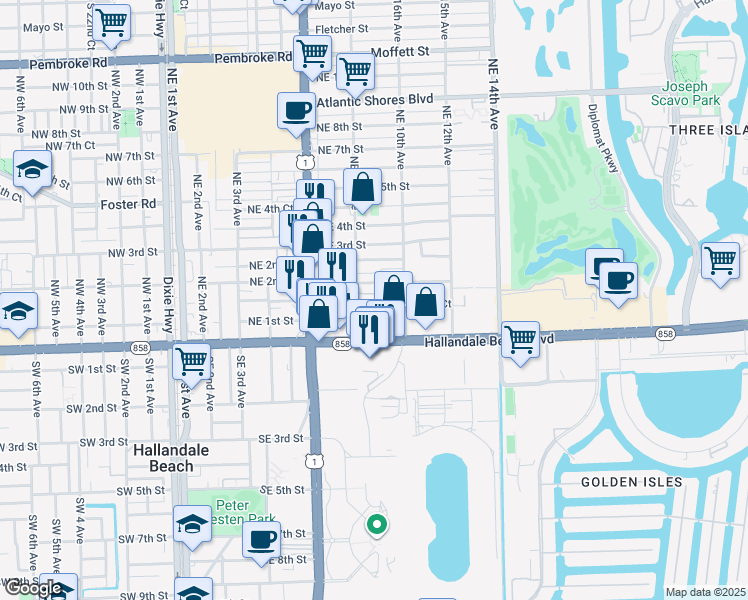 map of restaurants, bars, coffee shops, grocery stores, and more near 161 Northeast 10th Avenue in Hallandale Beach