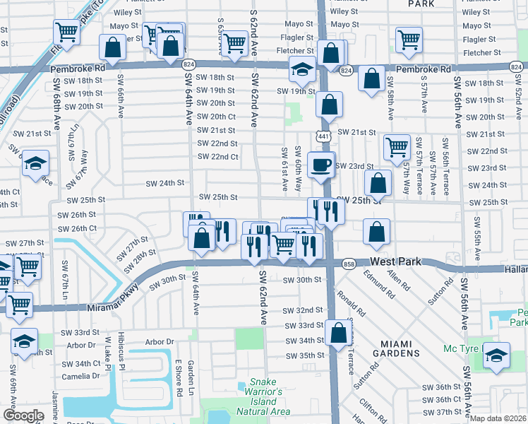 map of restaurants, bars, coffee shops, grocery stores, and more near 2510 Southwest 62nd Avenue in Miramar