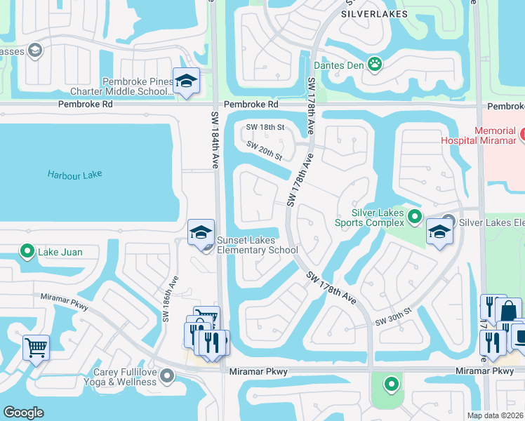 map of restaurants, bars, coffee shops, grocery stores, and more near 2333 Southwest 181st Terrace in Miramar