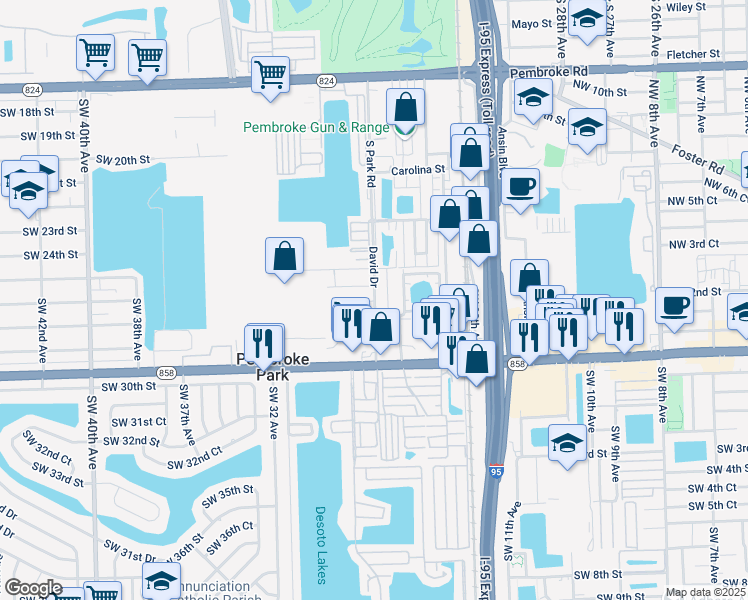 map of restaurants, bars, coffee shops, grocery stores, and more near 2625 Park Lane in Pembroke Park