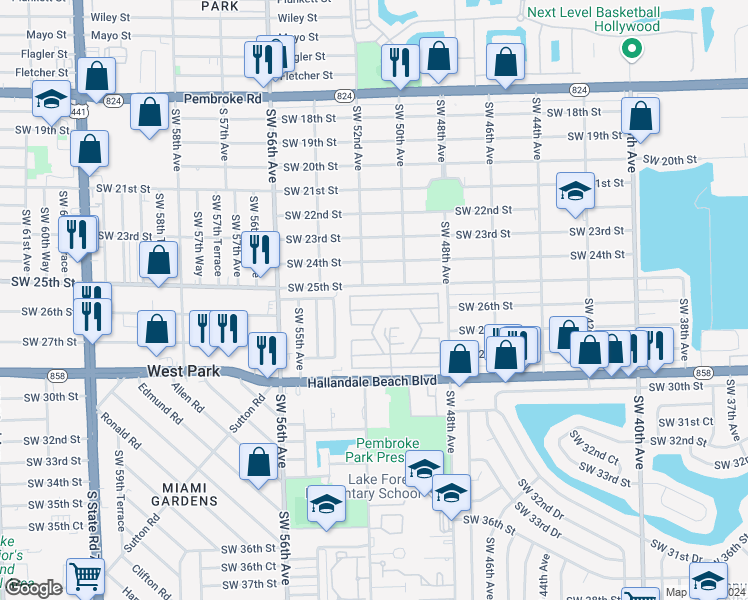 map of restaurants, bars, coffee shops, grocery stores, and more near 5106 Southwest 25th Court in Hollywood