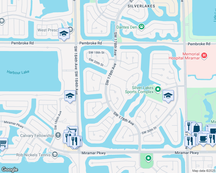 map of restaurants, bars, coffee shops, grocery stores, and more near 2368 Southwest 177th Avenue in Miramar