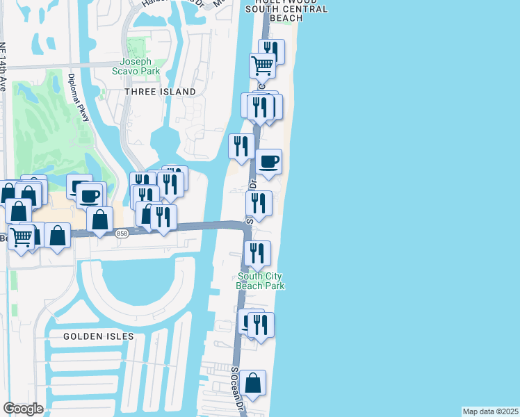 map of restaurants, bars, coffee shops, grocery stores, and more near 3951 South Ocean Drive in Hollywood