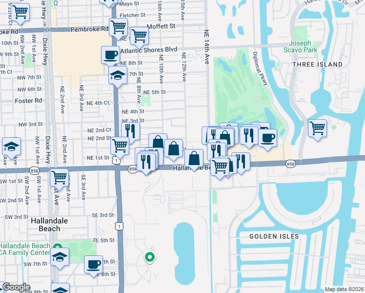 map of restaurants, bars, coffee shops, grocery stores, and more near 120 Northeast 12th Avenue in Hallandale Beach