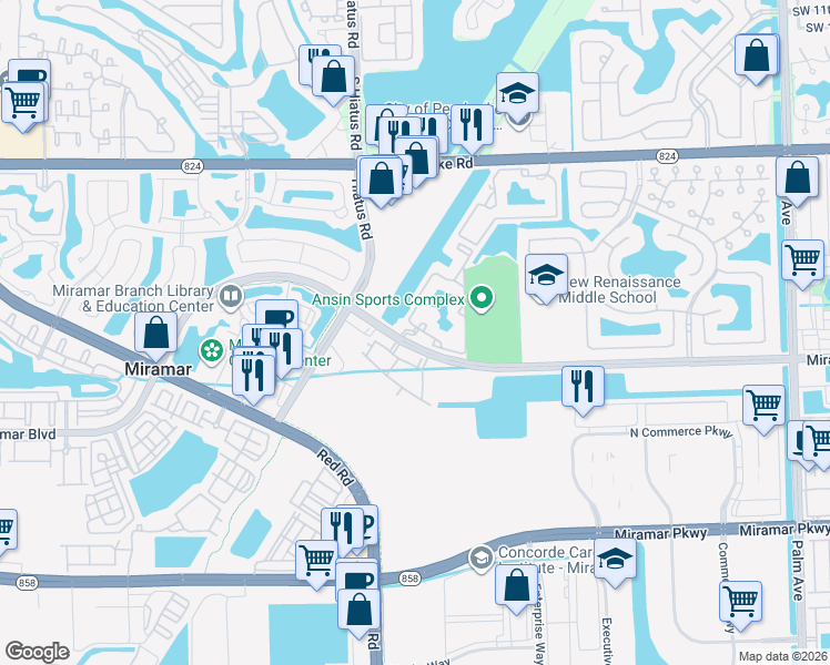 map of restaurants, bars, coffee shops, grocery stores, and more near 2440 West Preserve Way in Miramar
