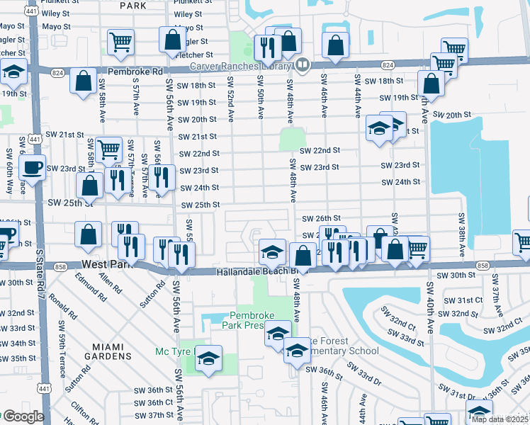 map of restaurants, bars, coffee shops, grocery stores, and more near 4900 Southwest 25th Court in Pembroke Park