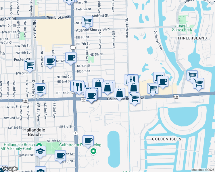 map of restaurants, bars, coffee shops, grocery stores, and more near 1017 Northeast 1st Court in Hallandale Beach