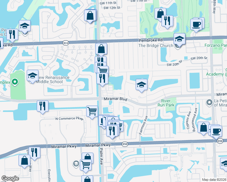 map of restaurants, bars, coffee shops, grocery stores, and more near 2409 Southwest 99th Way in Miramar