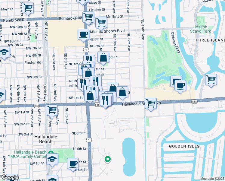 map of restaurants, bars, coffee shops, grocery stores, and more near 161 Northeast 10th Avenue in Hallandale Beach